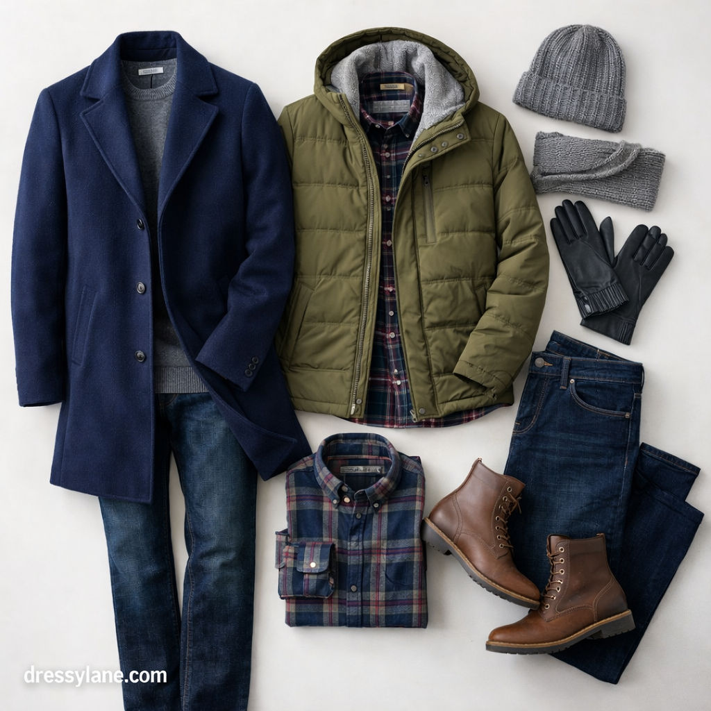 Flat lay of men’s winter clothing including coats, sweater, flannel shirt, jeans, boots, scarf, gloves, and beanie styled for short winter days.