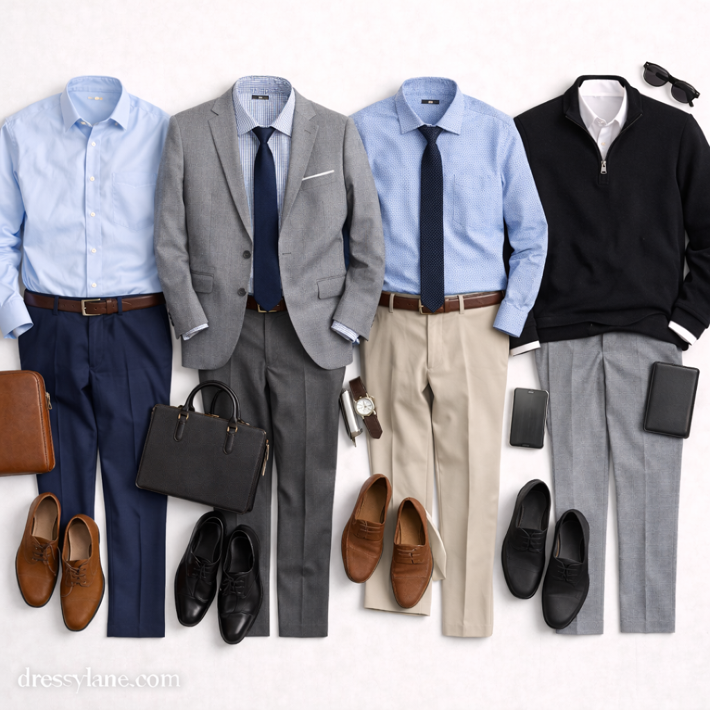 Flat lay of men’s professional work outfits including dress shirts, trousers, blazers, shoes, and business accessories arranged on a neutral background.