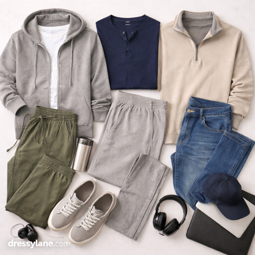 A curated flat lay of men’s work-from-home outfits designed for comfort, flexibility, and all-day wear.