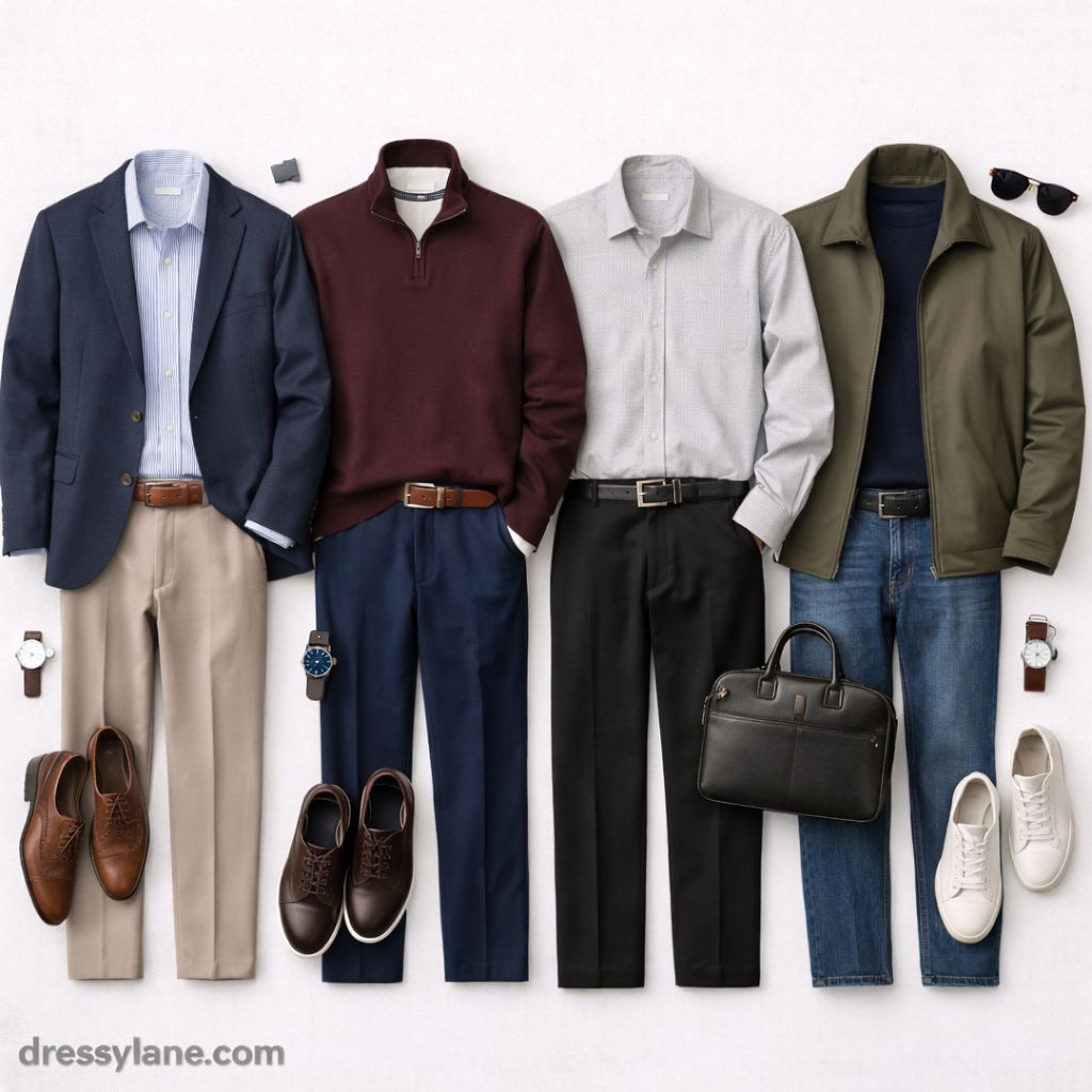 Flat lay of men’s work outfits featuring tailored blazers, sweaters, shirts, full-length trousers, shoes, and accessories styled for polished professional wear.