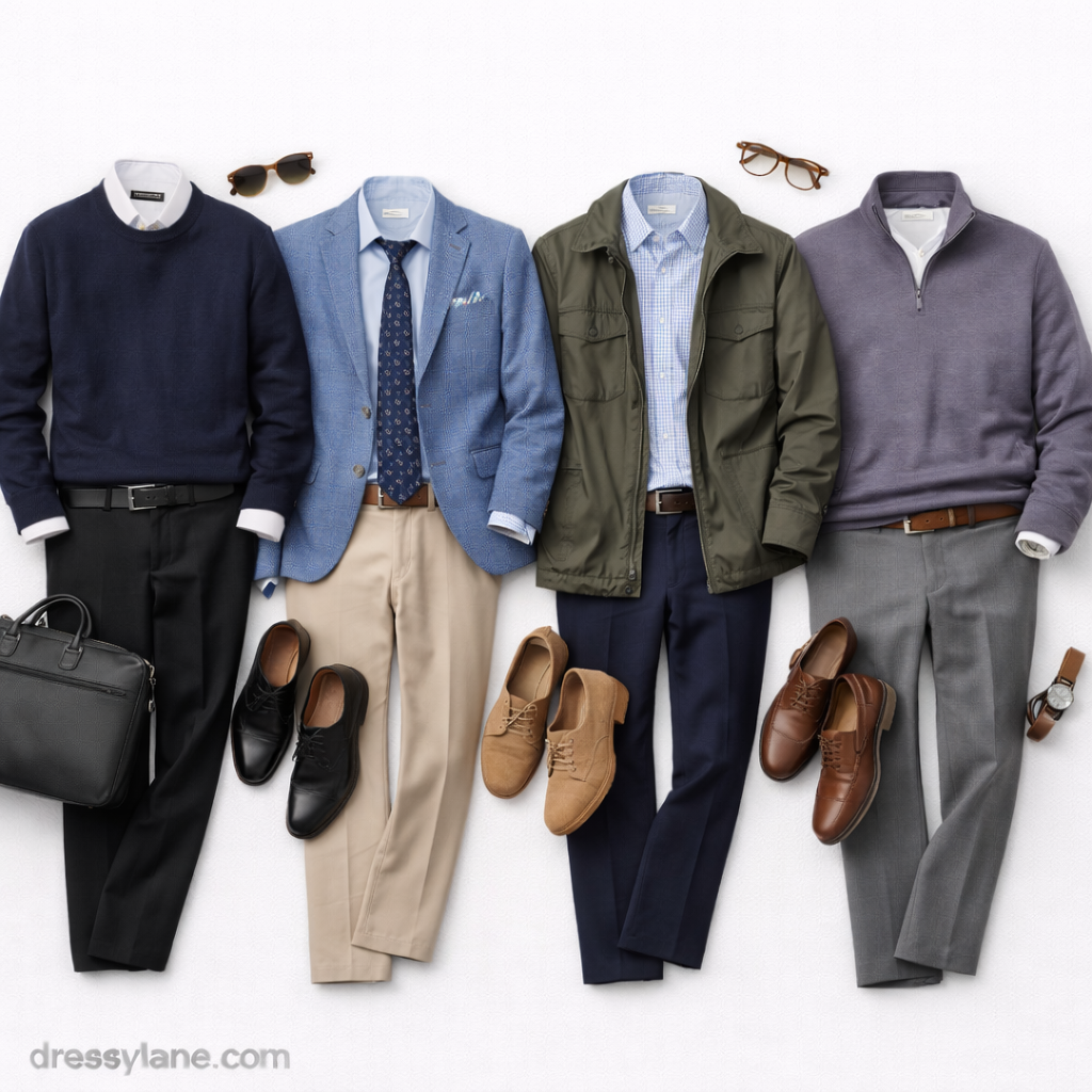 Flat lay of men’s work outfits featuring tailored pants, sweaters, jackets, dress shoes, and accessories designed for comfort during long workdays.