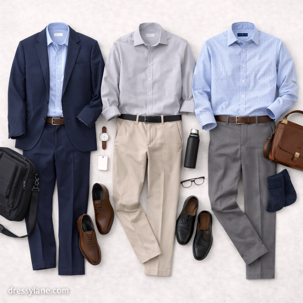 Flat lay of men’s work outfits designed for walking-heavy workdays, featuring comfortable and professional clothing.