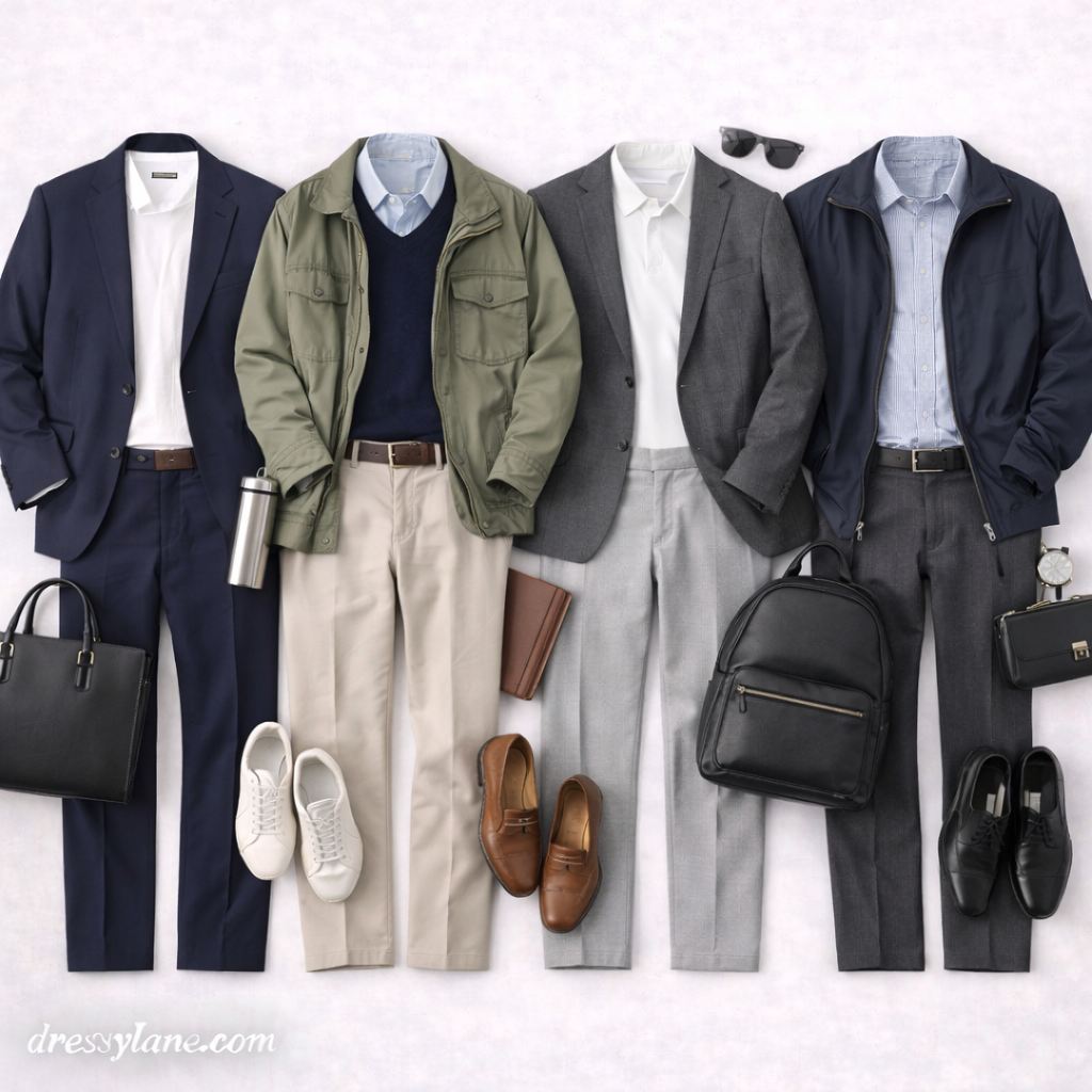 Flat lay of men’s work outfits featuring blazers, jackets, dress shirts, full-length trousers, shoes, and professional accessories.