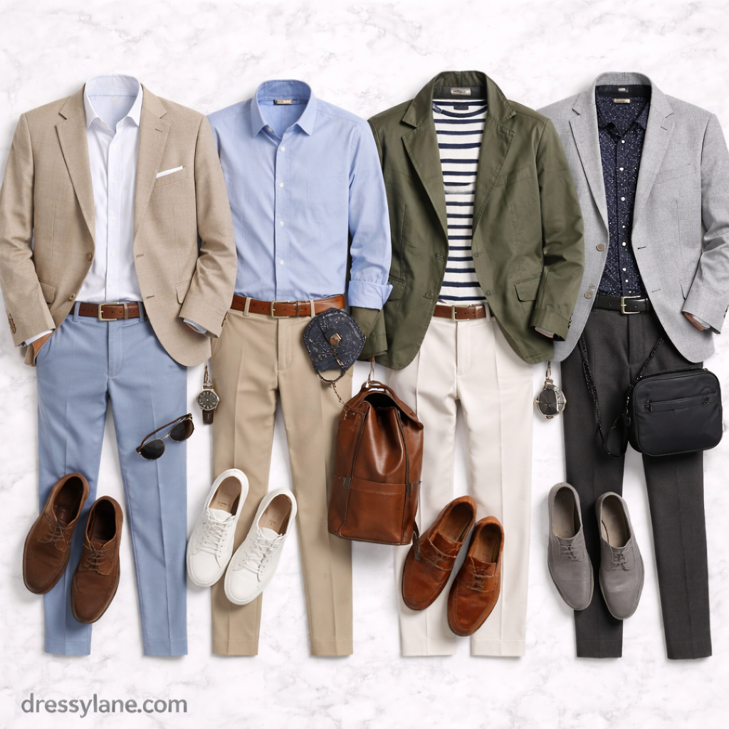 Flat lay of men’s all-day social event outfits featuring blazers, shirts, tailored trousers, dress shoes, and accessories styled for comfort and versatility.