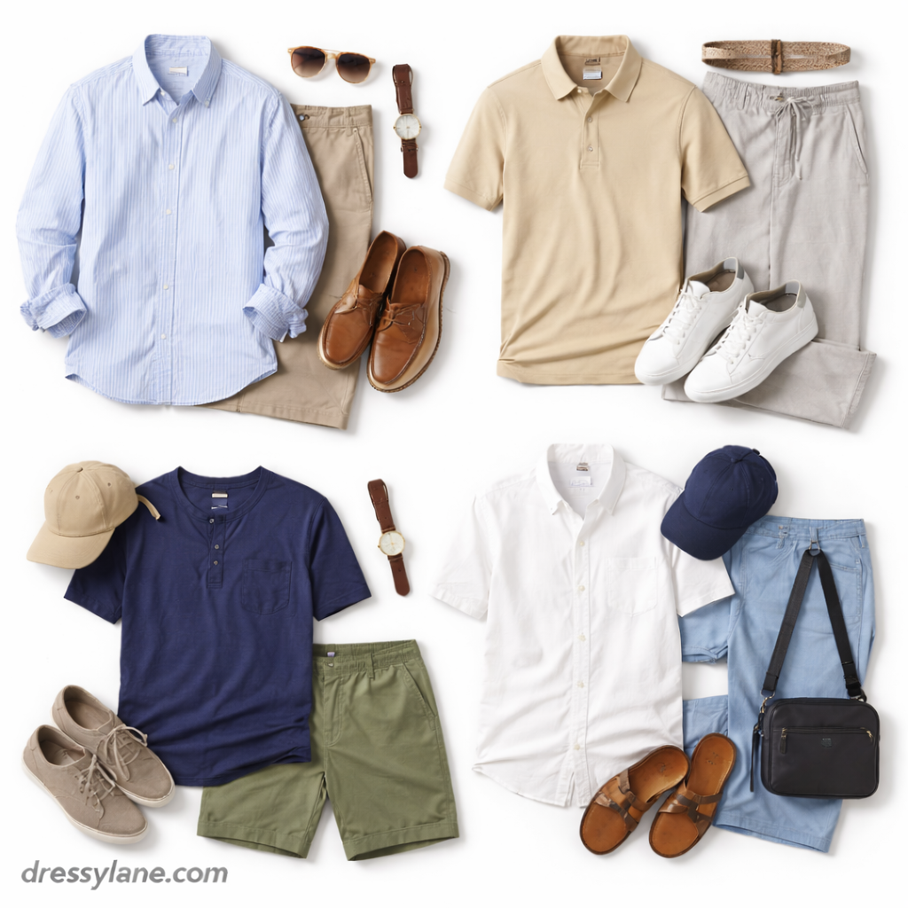 Flat lay of men’s lightweight outfits featuring breathable shirts, polos, full-length pants, shoes, and accessories designed for staying cool.