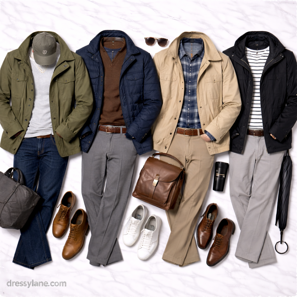 Flat lay of men’s layered outfits featuring jackets, shirts, trousers, shoes, and accessories designed for unpredictable and changing weather conditions.