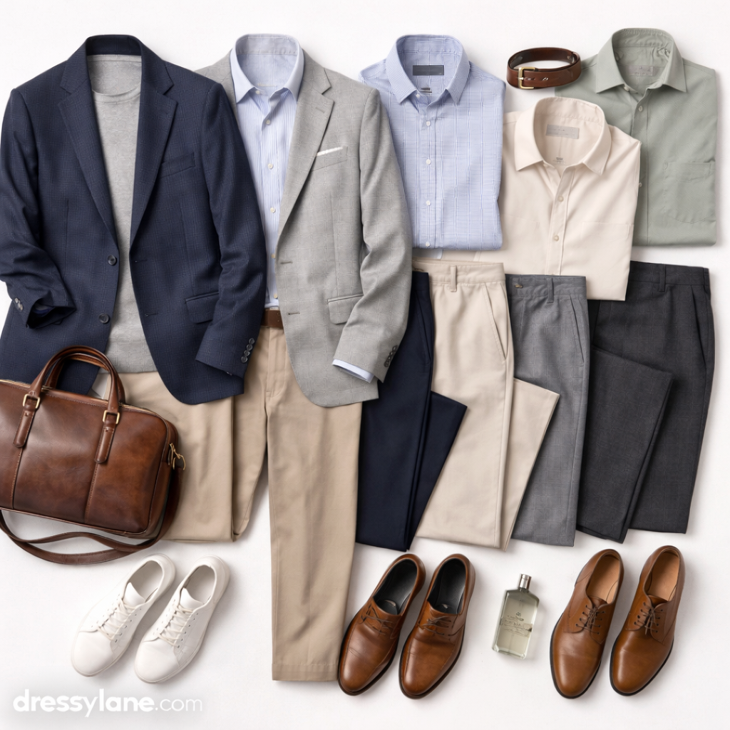 Flat lay of men’s comfortable work outfits featuring tailored trousers, button-down shirts, blazers, leather shoes, and refined accessories arranged for a polished office look.