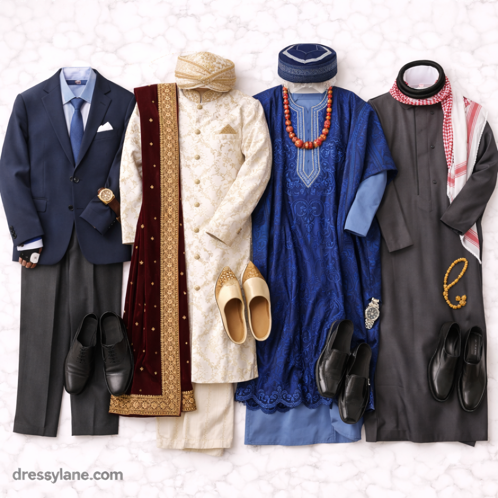 Flat lay of men’s culturally respectful wedding outfits including a suit, traditional sherwani, agbada, thobe, shoes, and accessories arranged for formal celebrations.