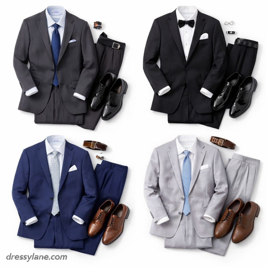 Flat lay of men’s formal event outfits featuring suits, dress shirts, ties, shoes, and accessories suitable for weddings and formal occasions at any age.
