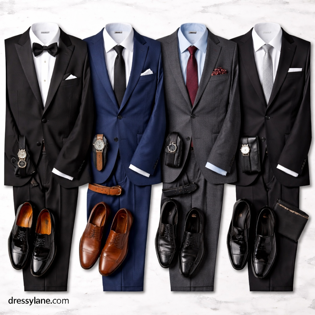 Flat lay of men’s formal suits with coordinated dress shirts, ties, shoes, and accessories styled for weddings and formal events.