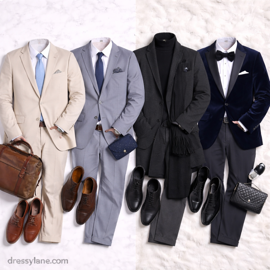 Flat lay of men’s formal outfits featuring suits, tuxedo pieces, coats, dress shoes, and accessories styled for hot and cold weather events.