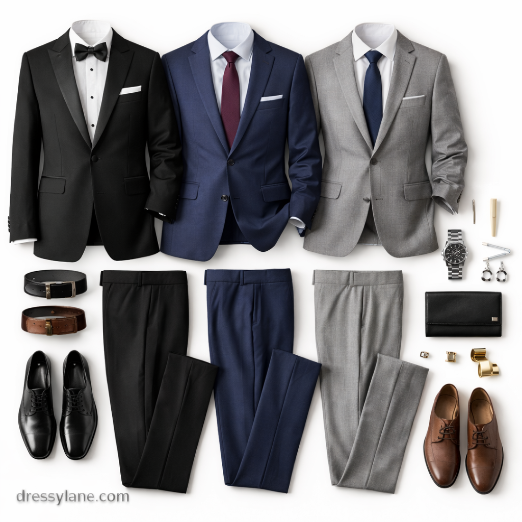 Flat lay of men’s formal suits and accessories styled for weddings and formal events on a budget.