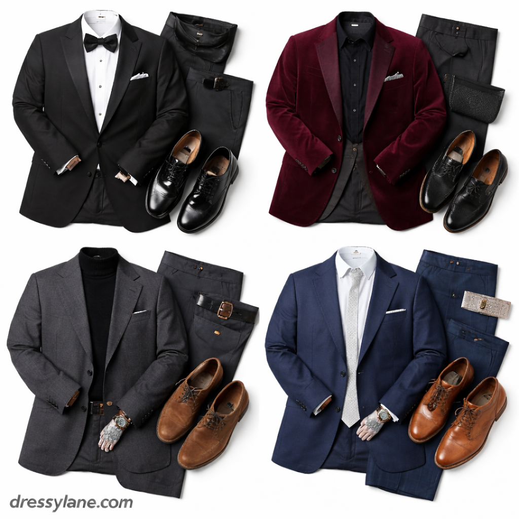 Flat lay of men’s formal outfits featuring tuxedos, suits, dress shirts, shoes, and accessories that express personal style at formal events.