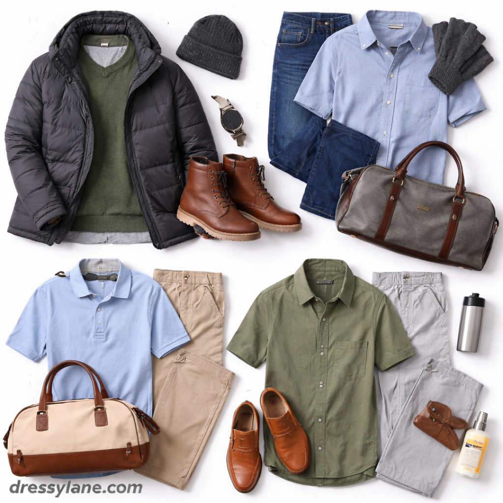 Flat lay of men’s versatile outfits designed to work across all four seasons, featuring layered cold-weather pieces and lightweight warm-weather clothing.