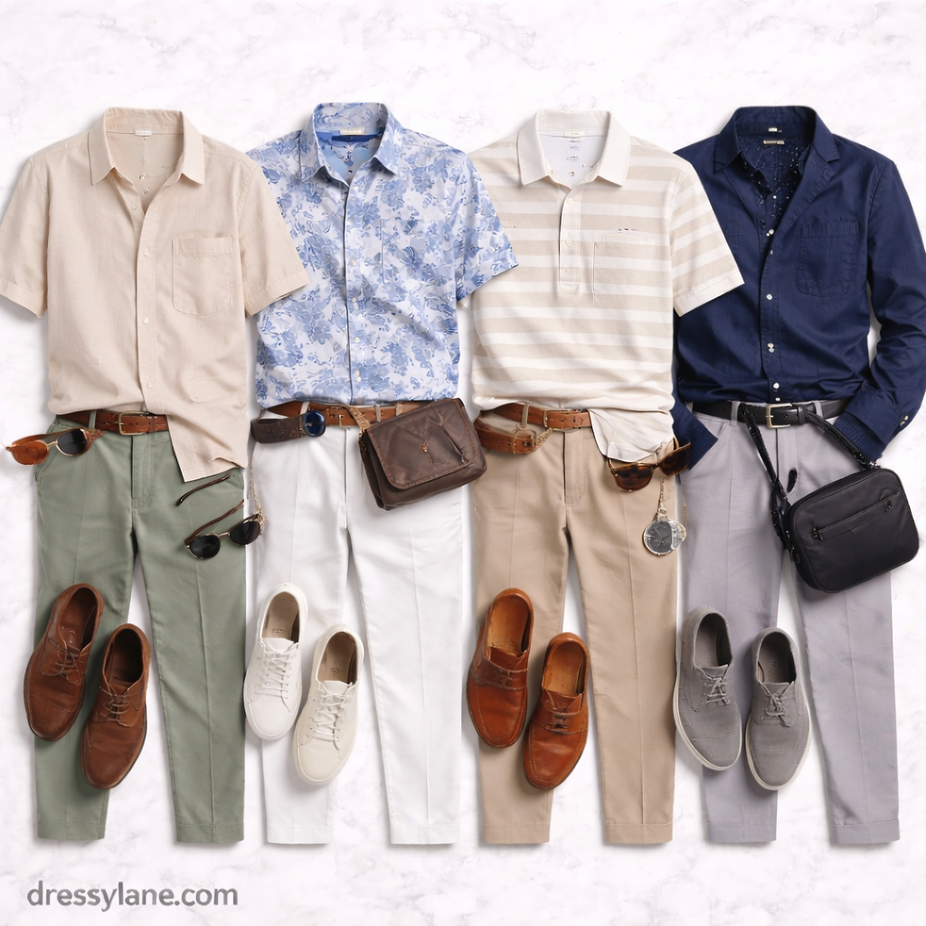 Flat lay of men’s hot night outfits featuring lightweight shirts, breathable trousers, summer footwear, and evening accessories.
