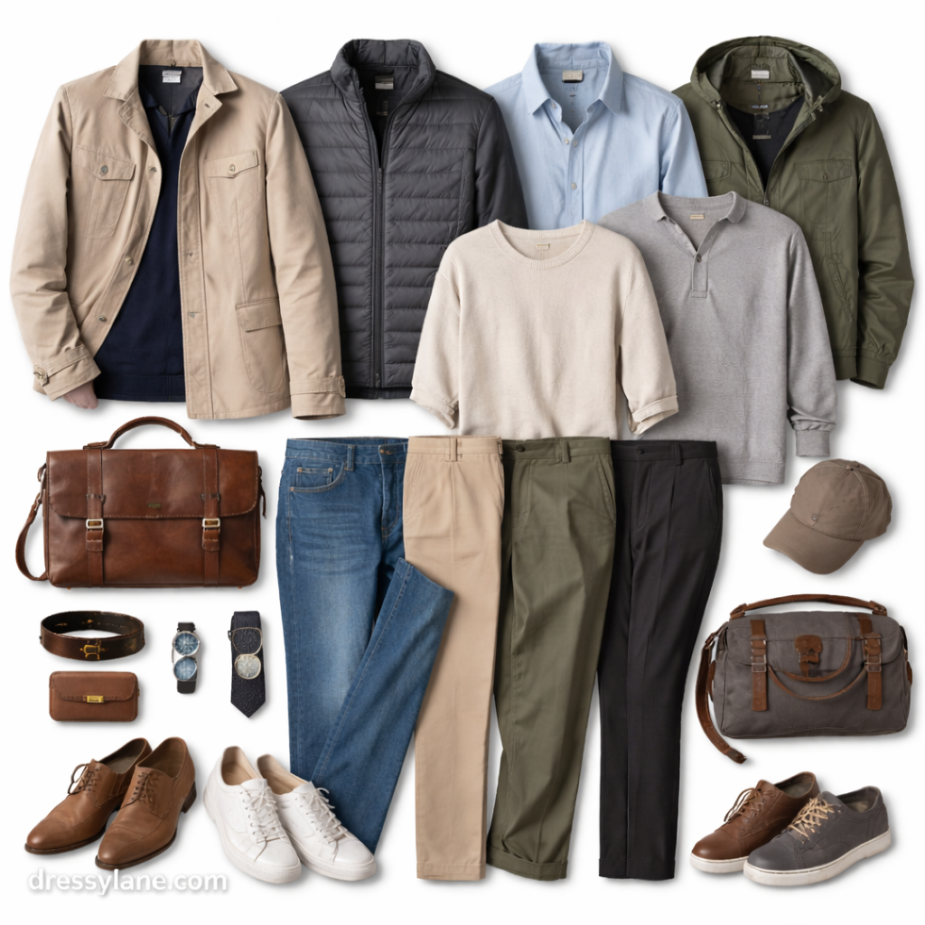 Flat lay of men’s layered clothing pieces designed for outdoor-indoor temperature transitions.