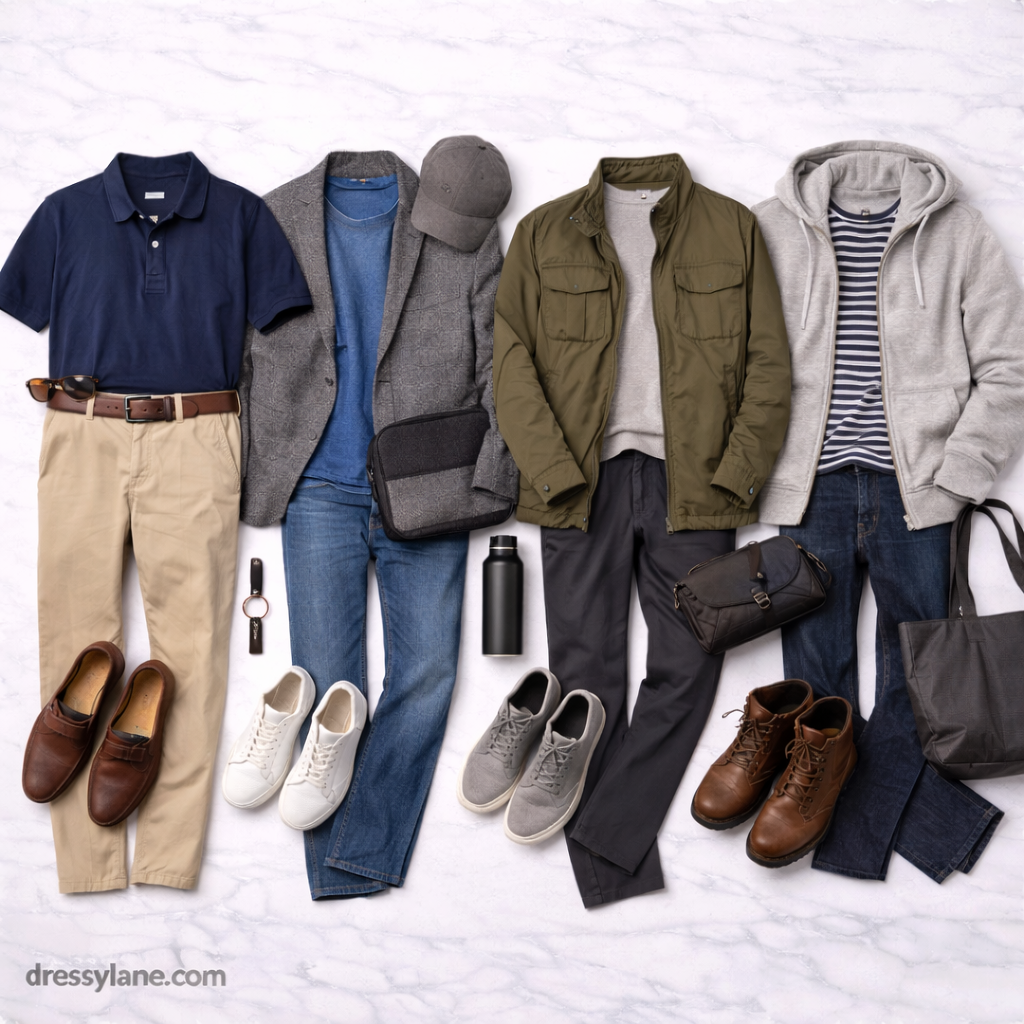 Flat lay of men’s travel outfits featuring shirts, jackets, trousers, shoes, and accessories styled for long stays and extended trips.