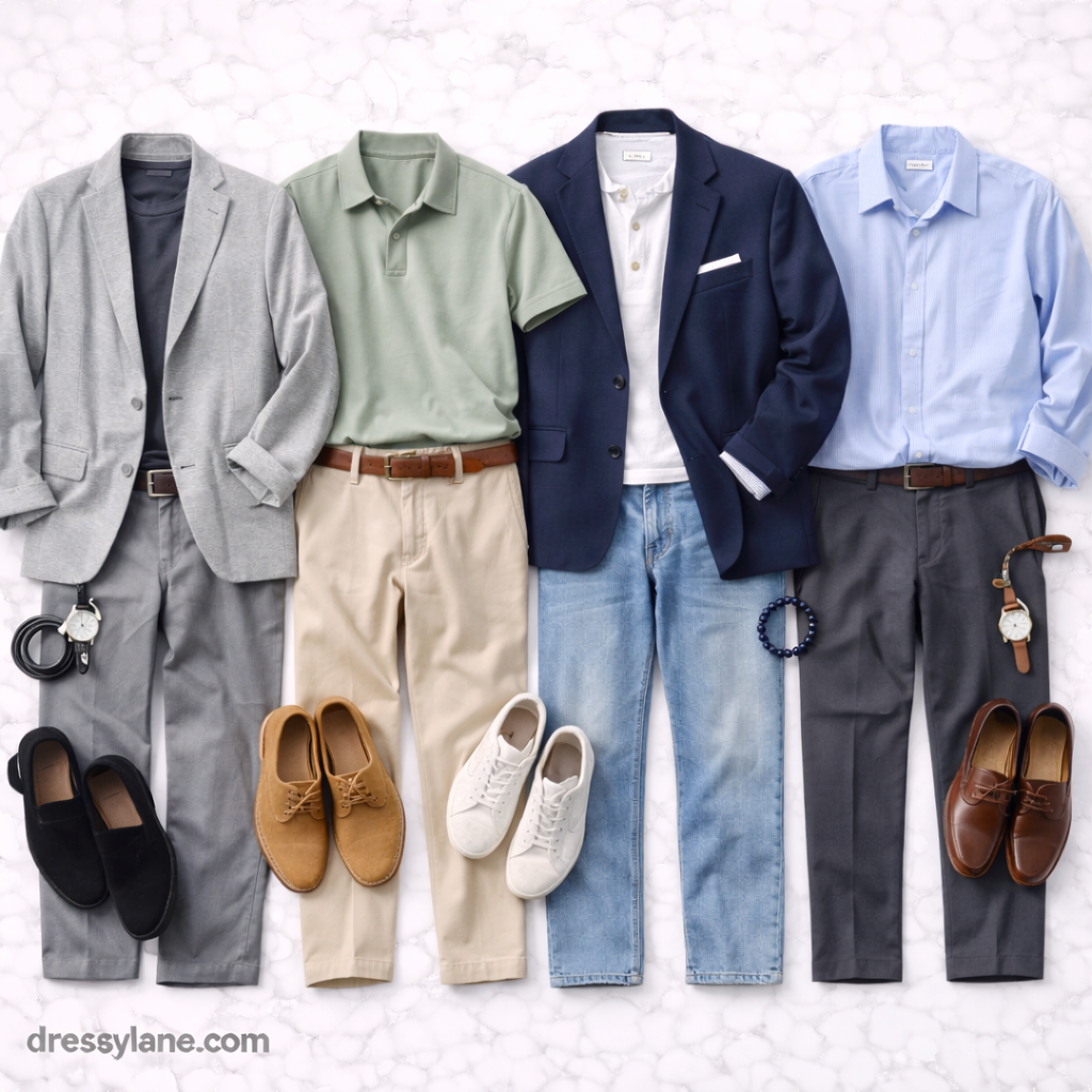 Flat lay of men’s low-effort social event outfits featuring shirts, blazers, trousers, shoes, and accessories styled for comfort and ease.