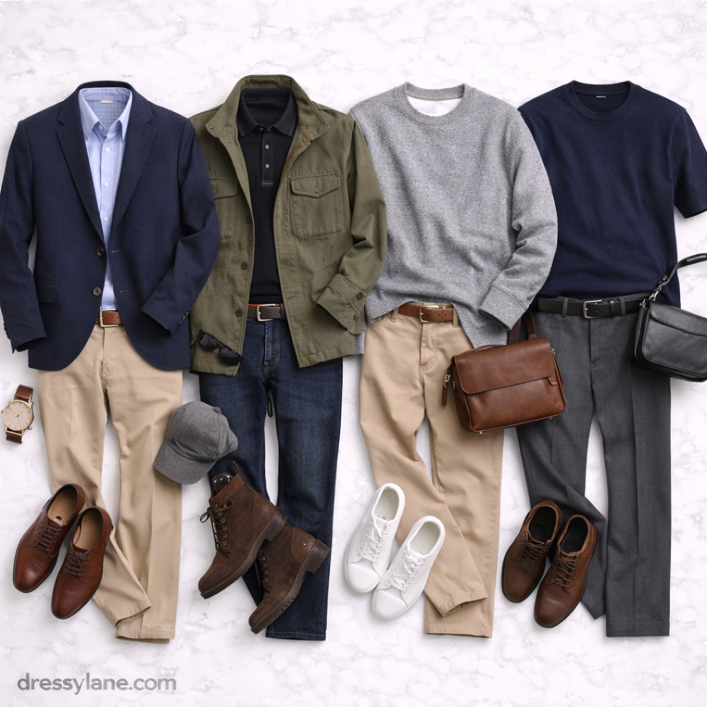 Flat lay of men’s versatile wardrobe pieces featuring neutral tops, jackets, trousers, shoes, and accessories for dressing well with fewer clothes.