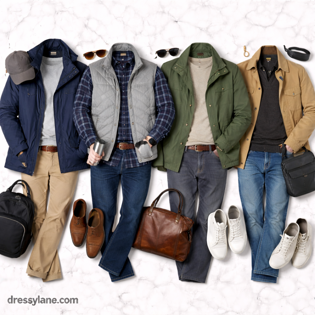 Flat lay of men’s layered outfits with jackets, shirts, pants, shoes, and accessories styled for rapid weather changes.