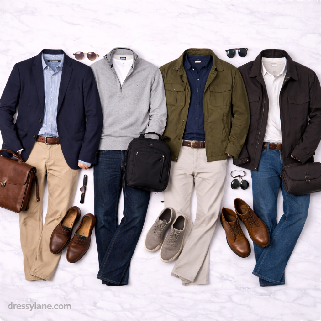 Flat lay of men’s refined outfits featuring blazers, jackets, sweaters, trousers, shoes, and modern accessories styled for timeless everyday wear.