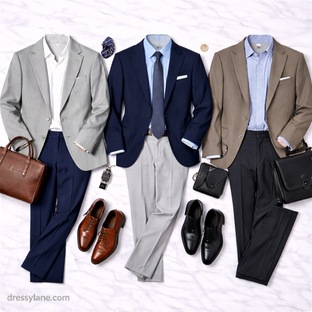Flat lay of men’s professional work outfits featuring blazers, dress shirts, tailored trousers, leather shoes, and classic accessories designed for repeatable office wear.