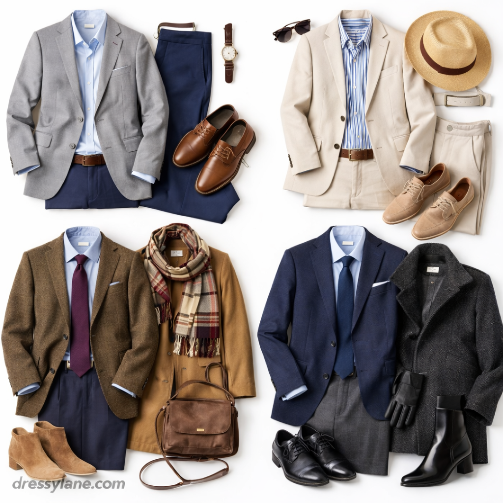 Flat lay of men’s seasonal event outfits featuring blazers, dress shirts, trousers, shoes, coats, and accessories styled for spring, summer, fall, and winter.