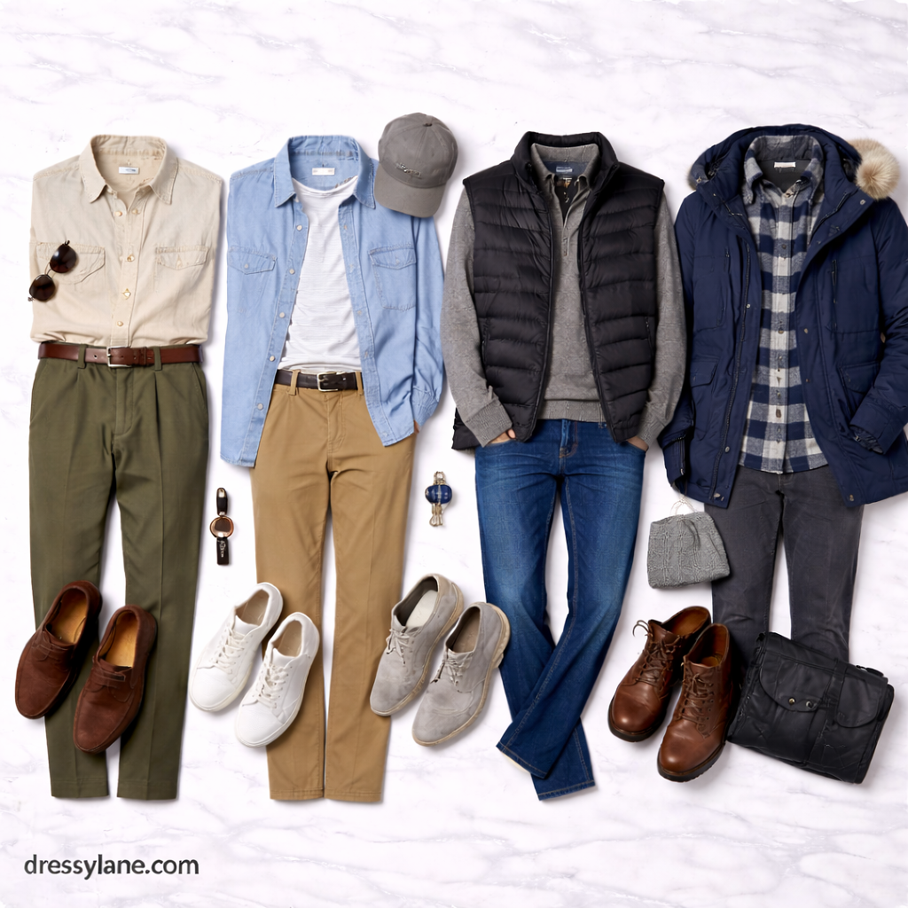 Flat lay of men’s seasonal outfits featuring shirts, jackets, sweaters, trousers, shoes, and accessories styled for warm and cold weather practicality.