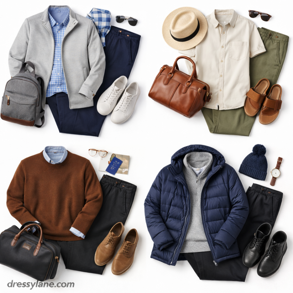 Flat lay of men’s seasonal travel outfits featuring layered clothing, jackets, shirts, trousers, shoes, bags, and accessories designed for comfort in different climates.