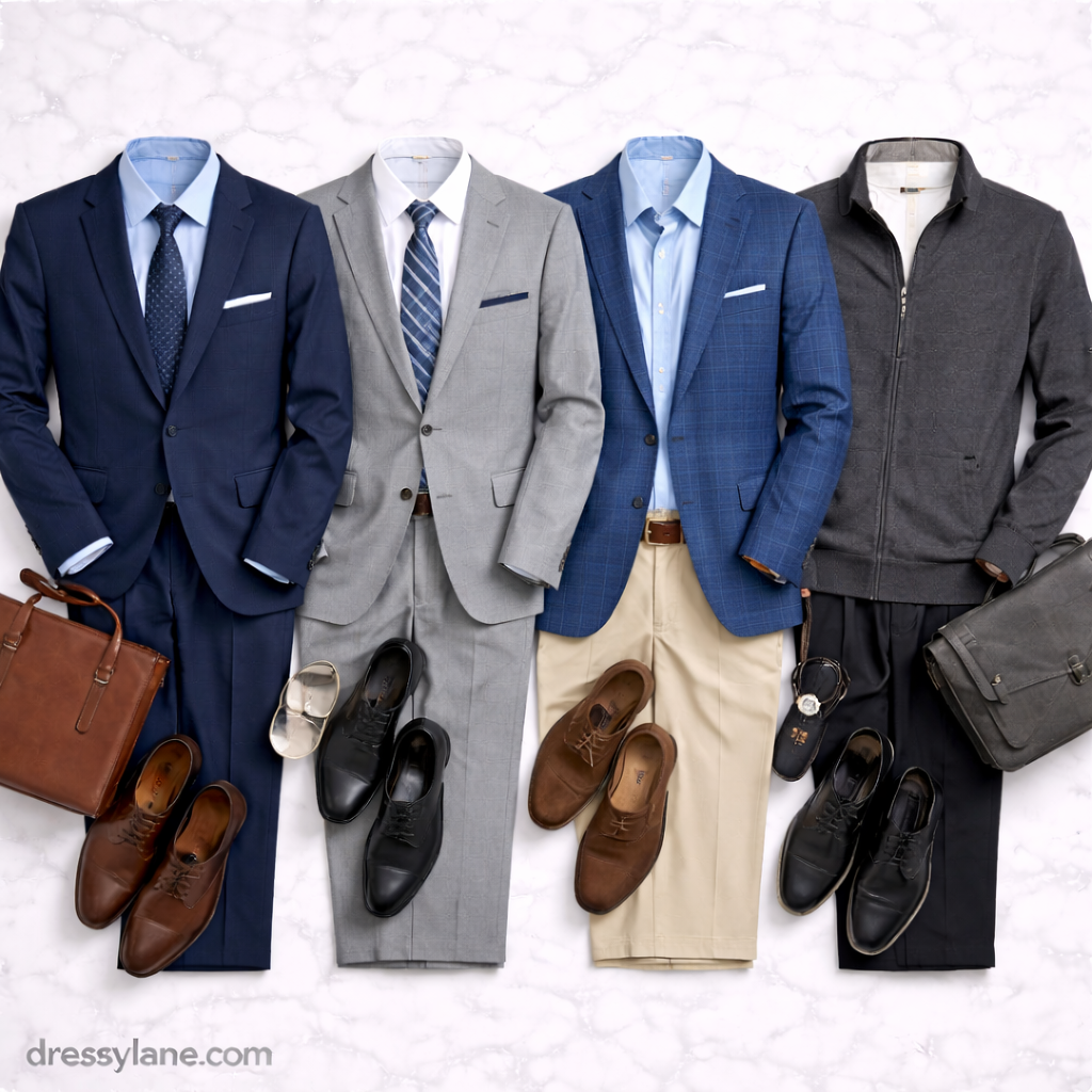 Flat lay of men’s senior-level work outfits featuring tailored suits, blazers, trousers, dress shoes, and professional accessories.
