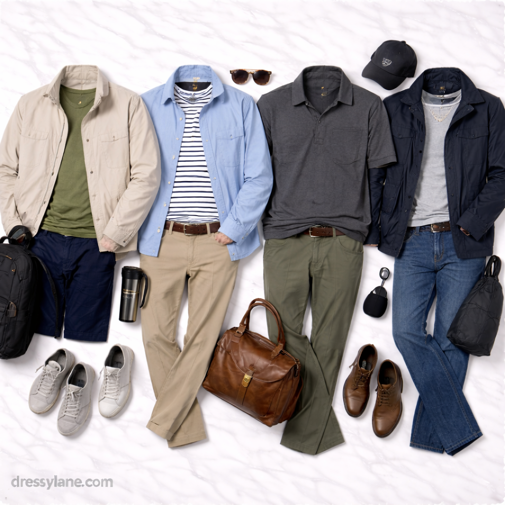 Flat lay of men’s travel outfits featuring jackets, shirts, trousers, shoes, and accessories designed for short trips and weekend travel.