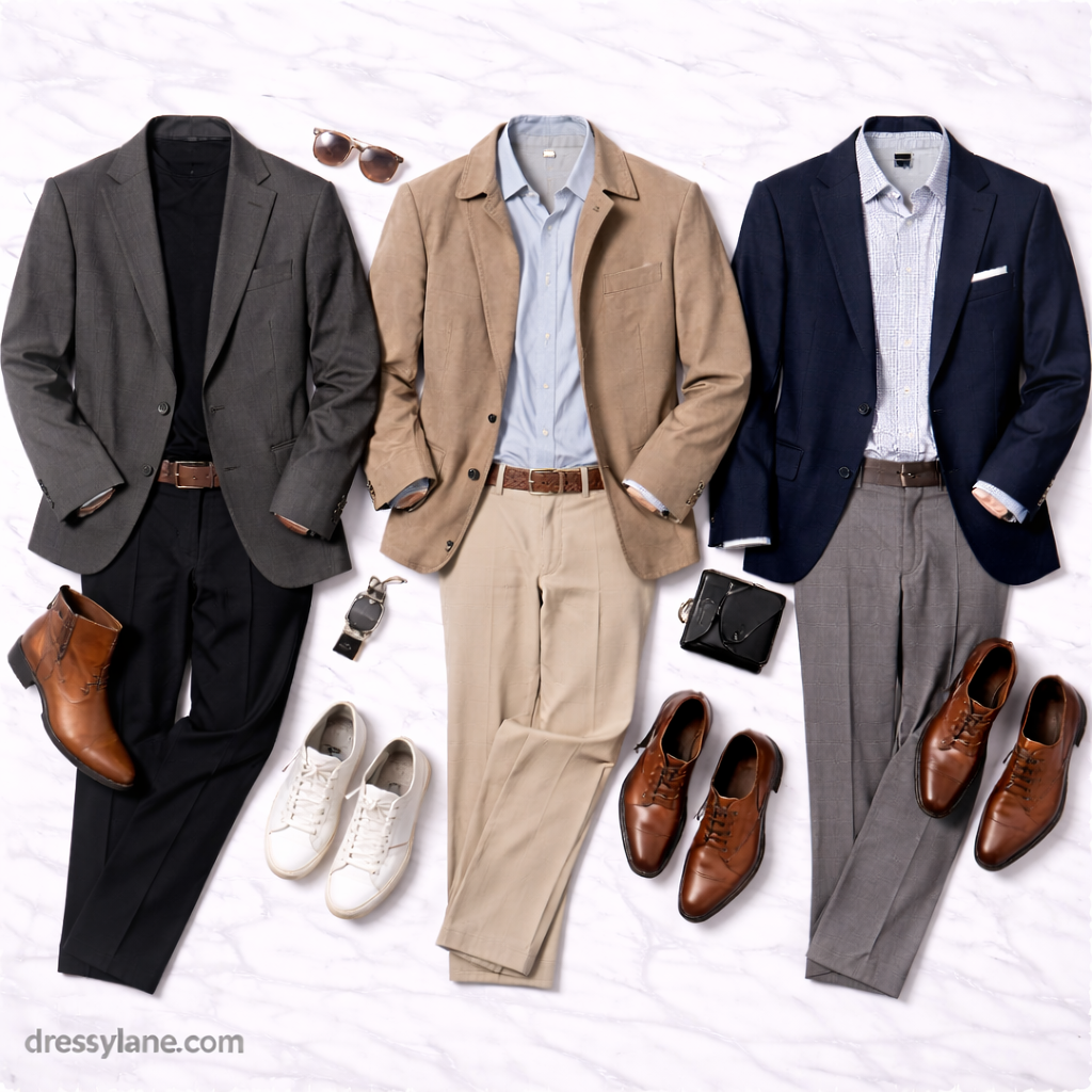 Flat lay of men’s social event outfits featuring blazers, shirts, tailored trousers, leather shoes, and refined accessories styled for confident social dressing.