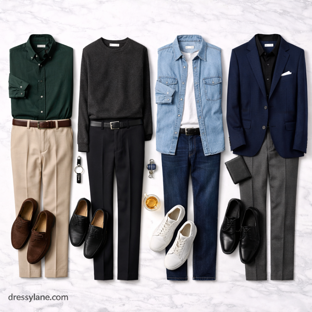 Flat lay of men’s social event outfits featuring shirts, sweaters, blazers, trousers, shoes, and accessories styled for parties and casual gatherings.