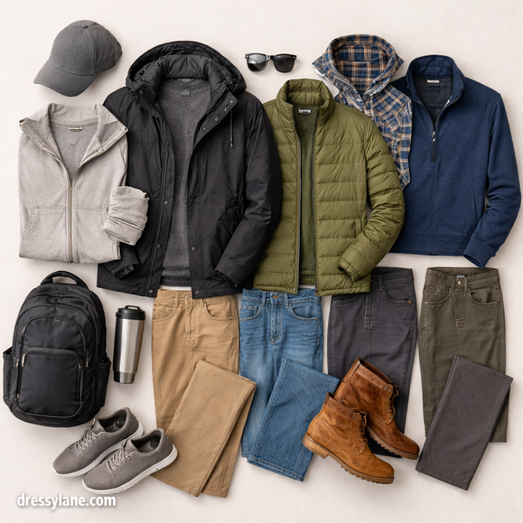 Flat lay of men’s travel outfits designed for changing weather, featuring layered clothing and versatile accessories.