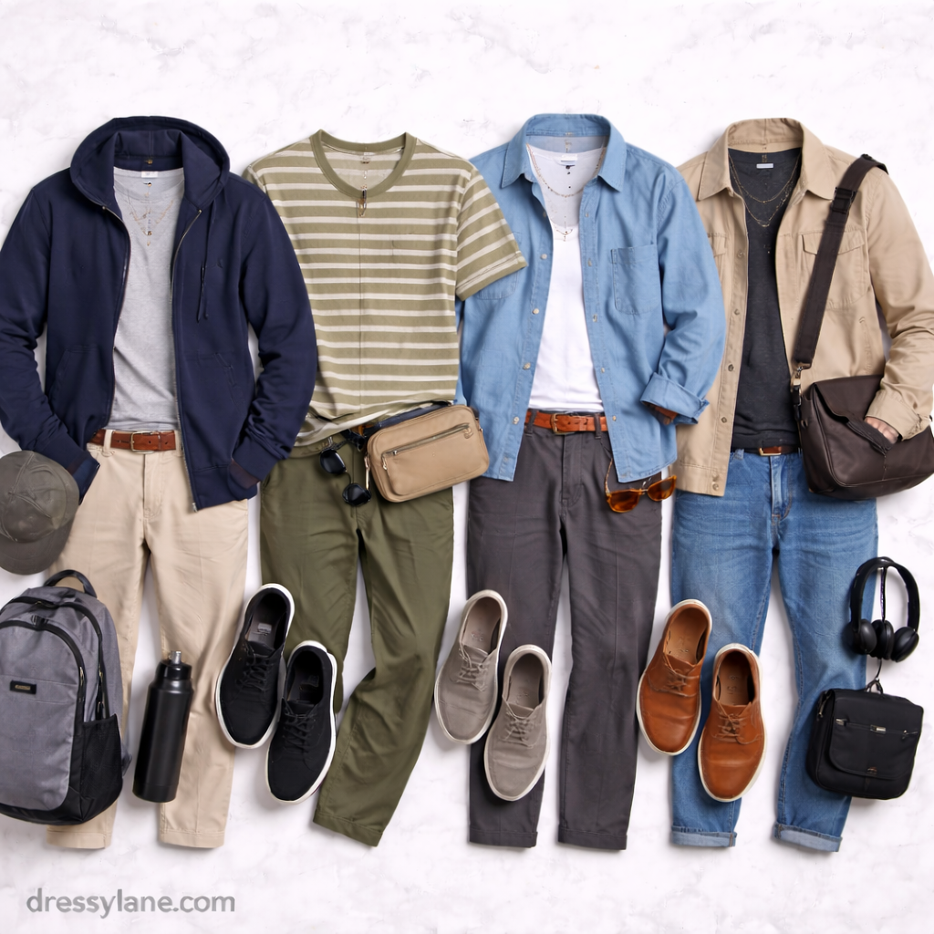 Flat lay of men’s travel outfits featuring comfortable layers, casual shirts, relaxed pants, sneakers, and functional travel accessories.