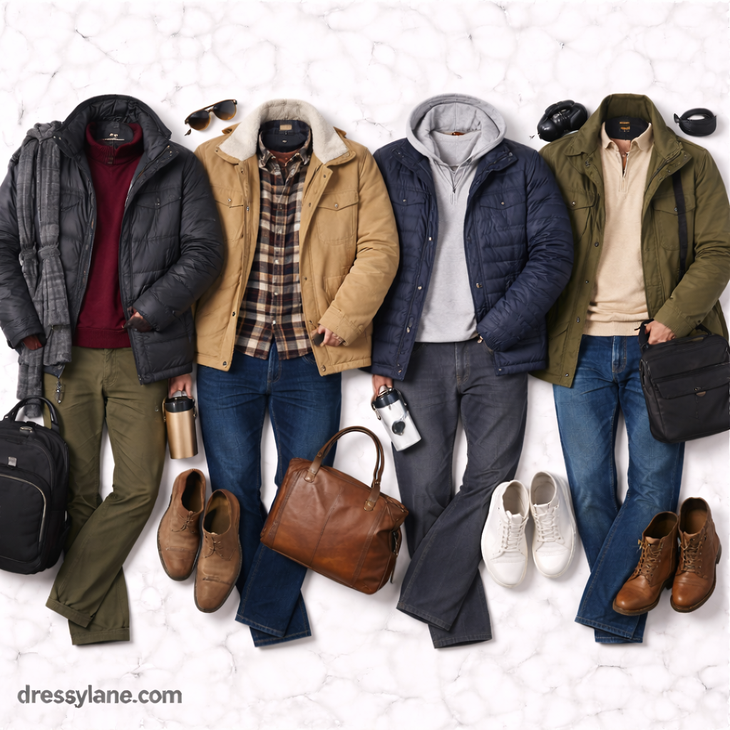 Flat lay of men’s cold-weather travel outfits featuring jackets, sweaters, pants, shoes, bags, and accessories styled for staying warm while traveling.