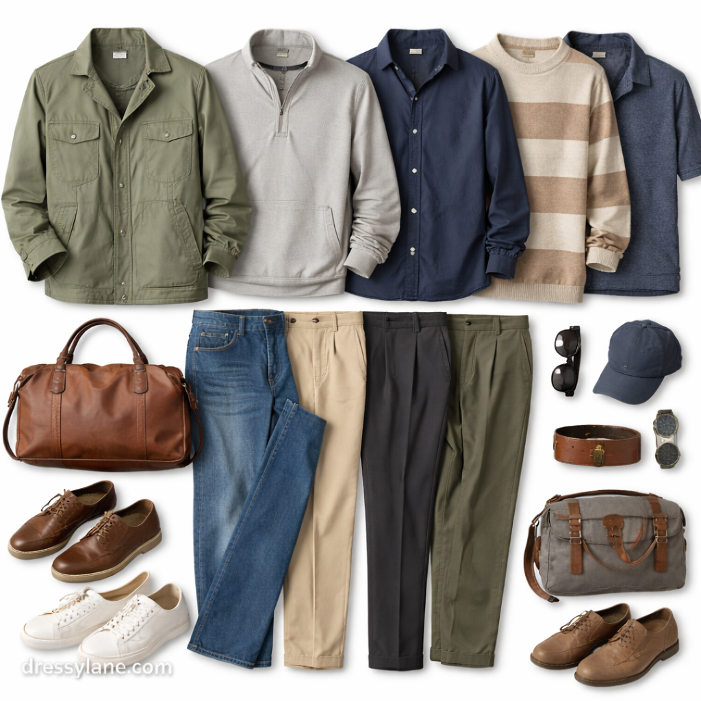 Flat lay of men’s clothing pieces styled to create balanced outfits when clothes do not fit perfectly.