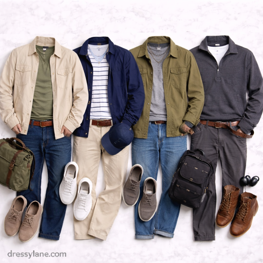 Flat lay of men’s everyday outfits featuring versatile shirts, jackets, jeans, casual pants, shoes, and accessories for refreshing a wardrobe.