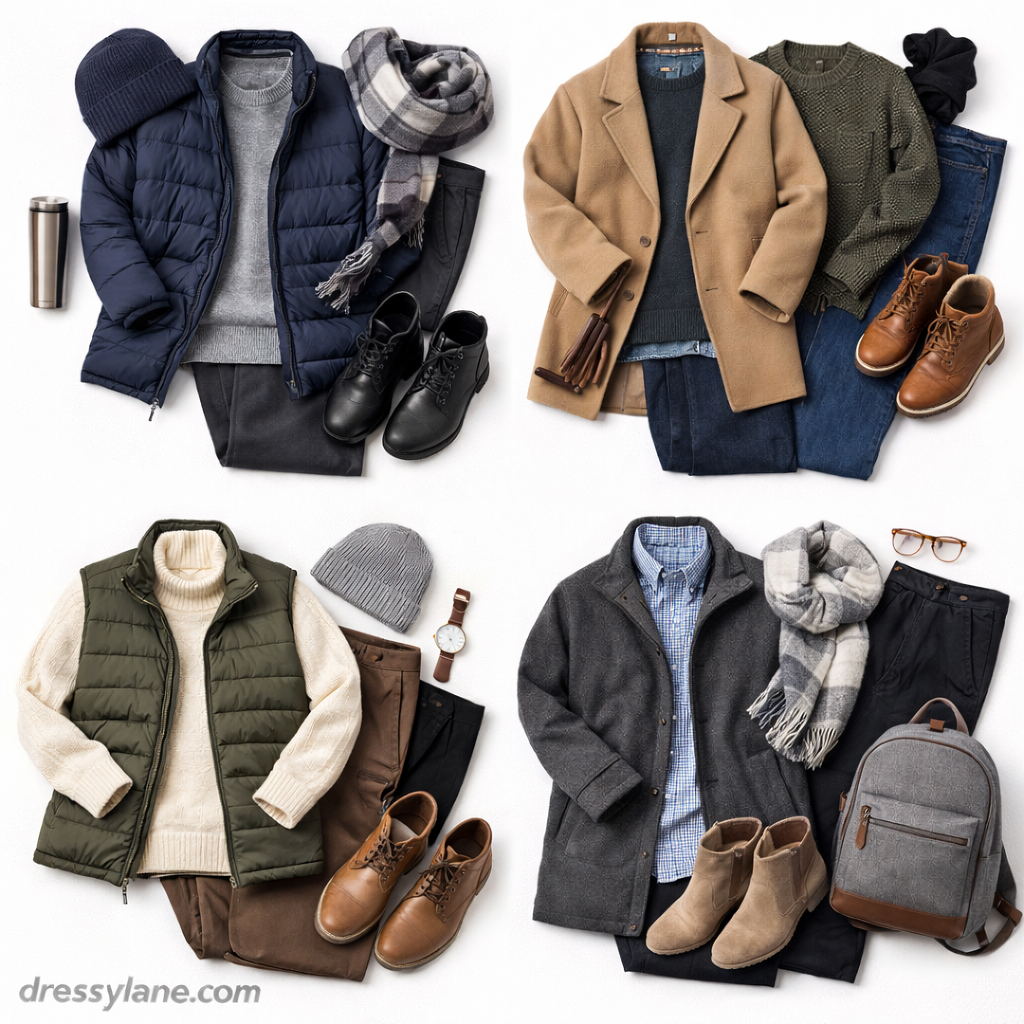 Flat lay of men’s warm outfits featuring jackets, sweaters, scarves, boots, trousers, and accessories designed to stay comfortable when often cold.