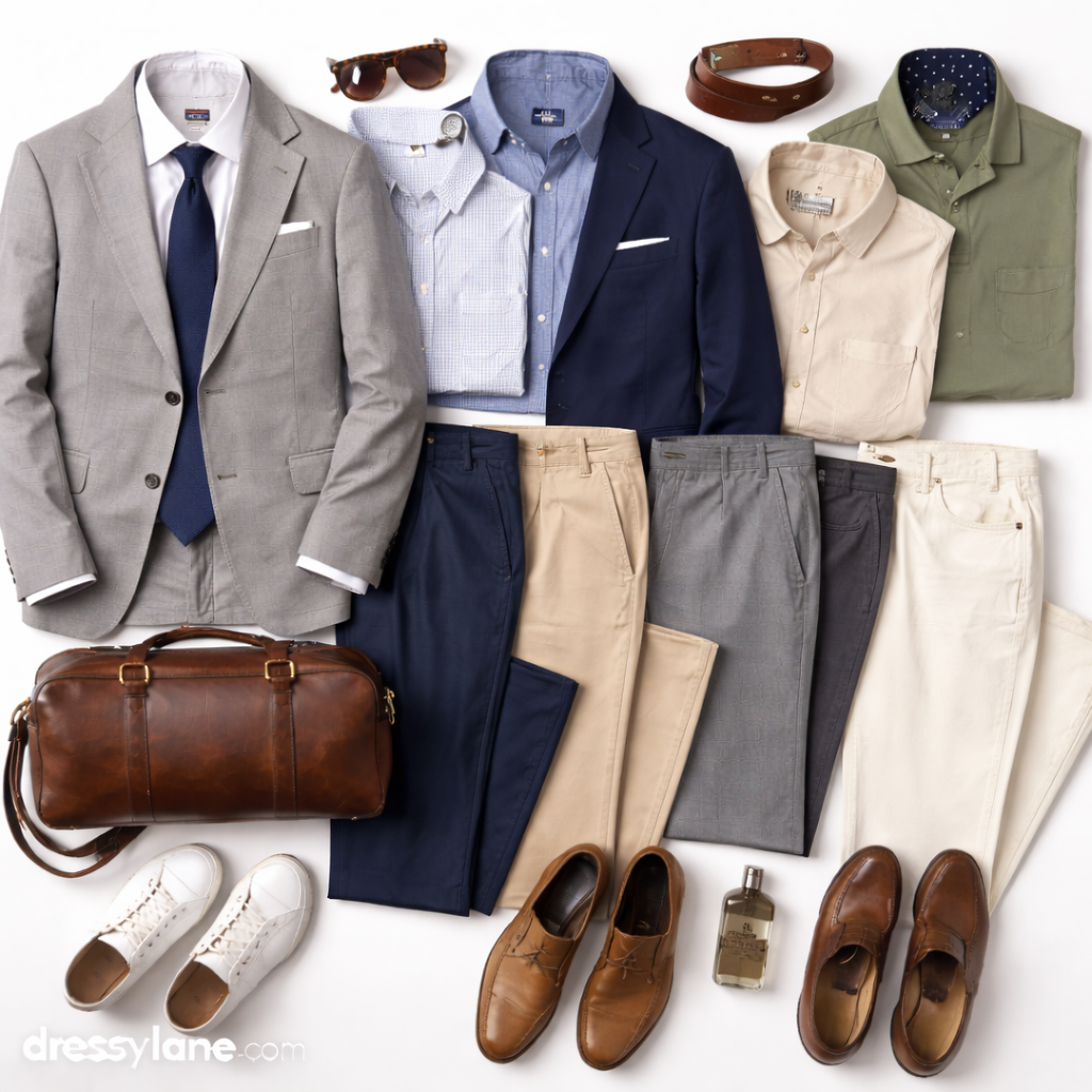 Flat lay of men’s wedding guest outfits featuring tailored suits, blazers, dress shirts, full-length trousers, leather shoes, and refined accessories styled for multiple wedding events.
