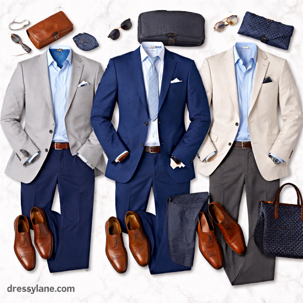 Flat lay of men’s wedding guest outfits including suits, dress shirts, shoes, and accessories styled for travel-friendly formal wear.