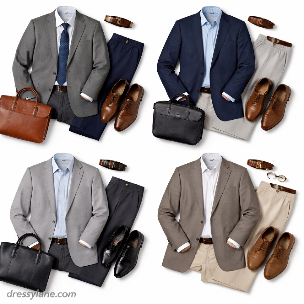 Flat lay of men’s neutral work outfits featuring blazers, dress shirts, full-length trousers, leather shoes, and accessories designed to blend into a professional office environment.
