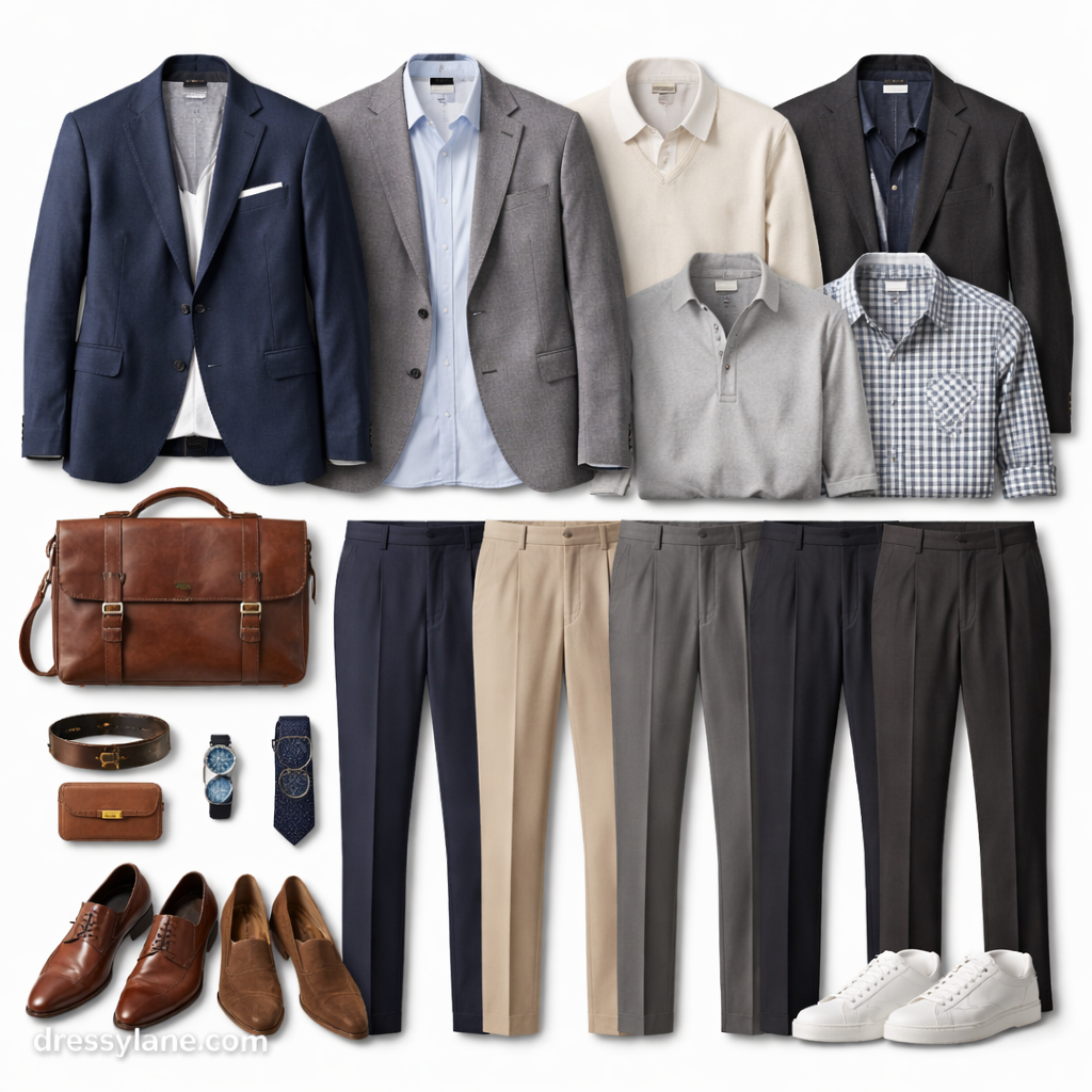 Flat lay of men’s workwear clothing showing how to dress for work without buying new clothes.