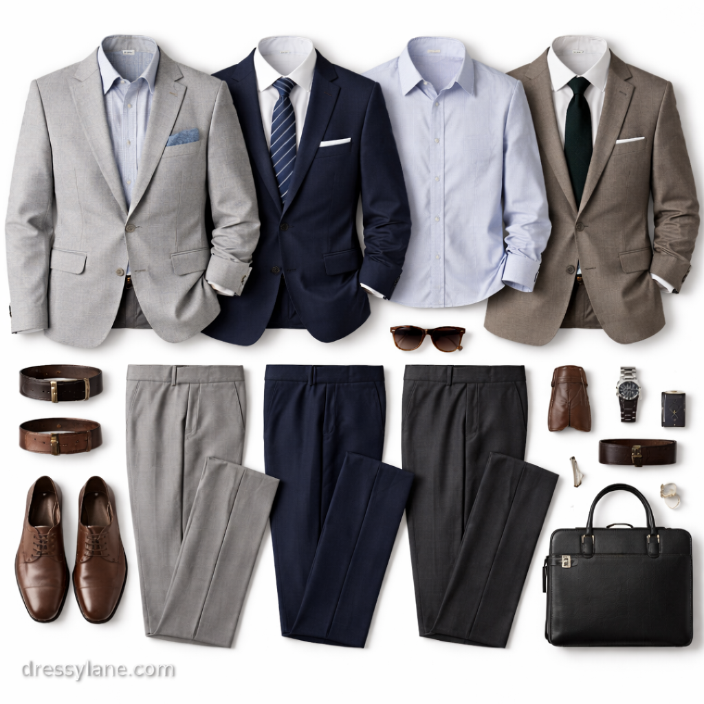 Flat lay of men’s workwear clothing pieces styled to maximize outfits with limited closet space.
