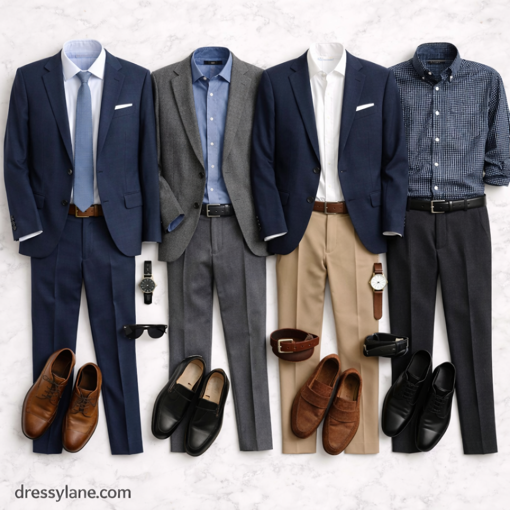 Flat lay of men’s professional work outfits featuring blazers, button-down shirts, tailored trousers, dress shoes, belts, and accessories styled for modern office roles.