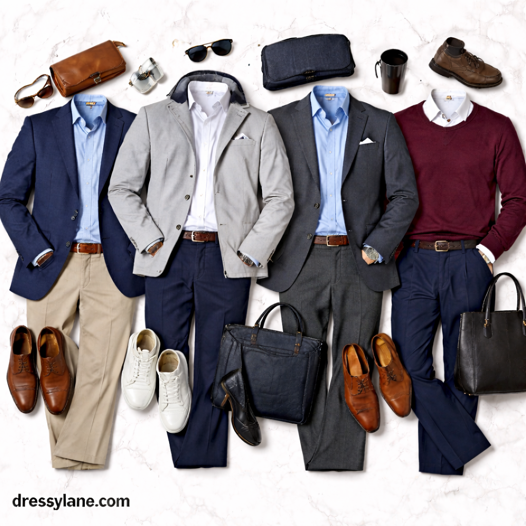 Flat lay of men’s commute-friendly work outfits including blazers, shirts, trousers, shoes, and accessories arranged for professional daily wear.
