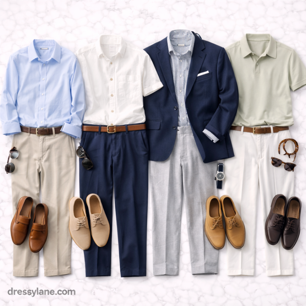 Flat lay of men’s breathable work outfits featuring lightweight shirts, trousers, shoes, and accessories styled for extreme heat.