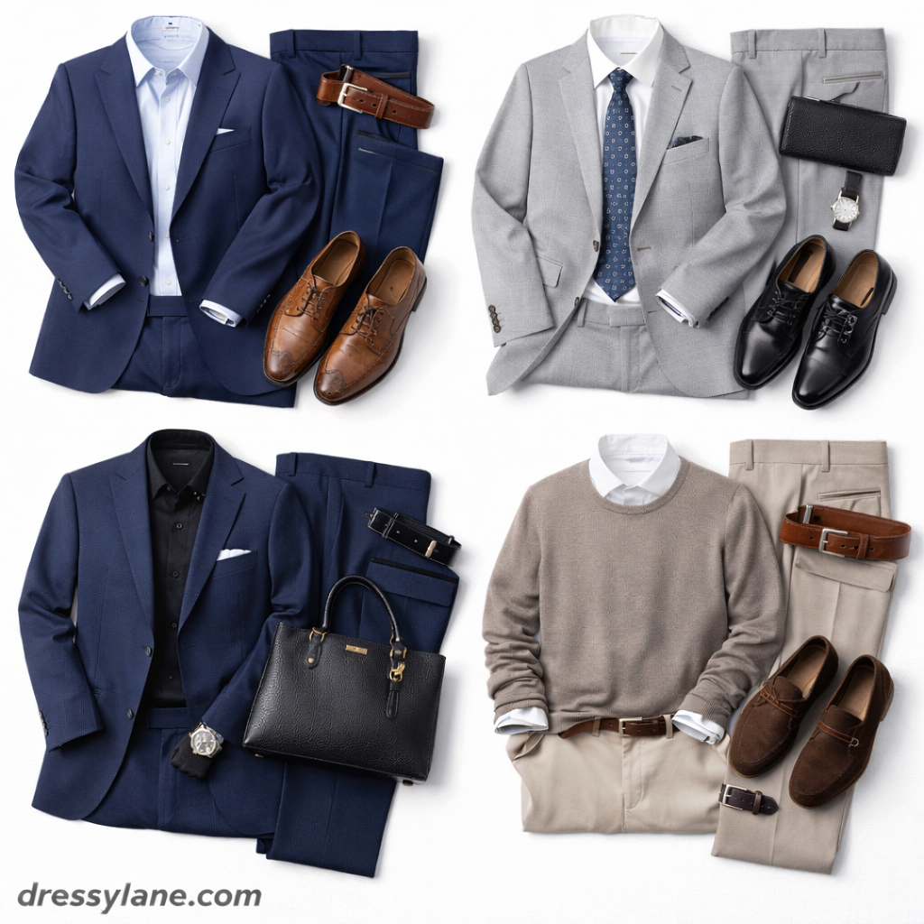 Flat lay of men’s professional work outfits featuring tailored suits, shirts, full-length trousers, shoes, and accessories designed to stand out subtly in an office setting.