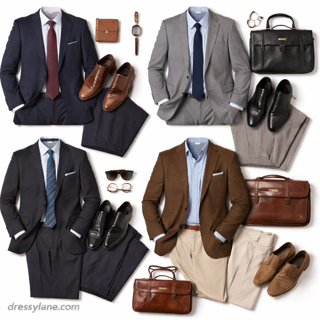 Flat lay of men’s professional workwear featuring suits, blazers, dress shirts, ties, shoes, and accessories styled for traditional industries.