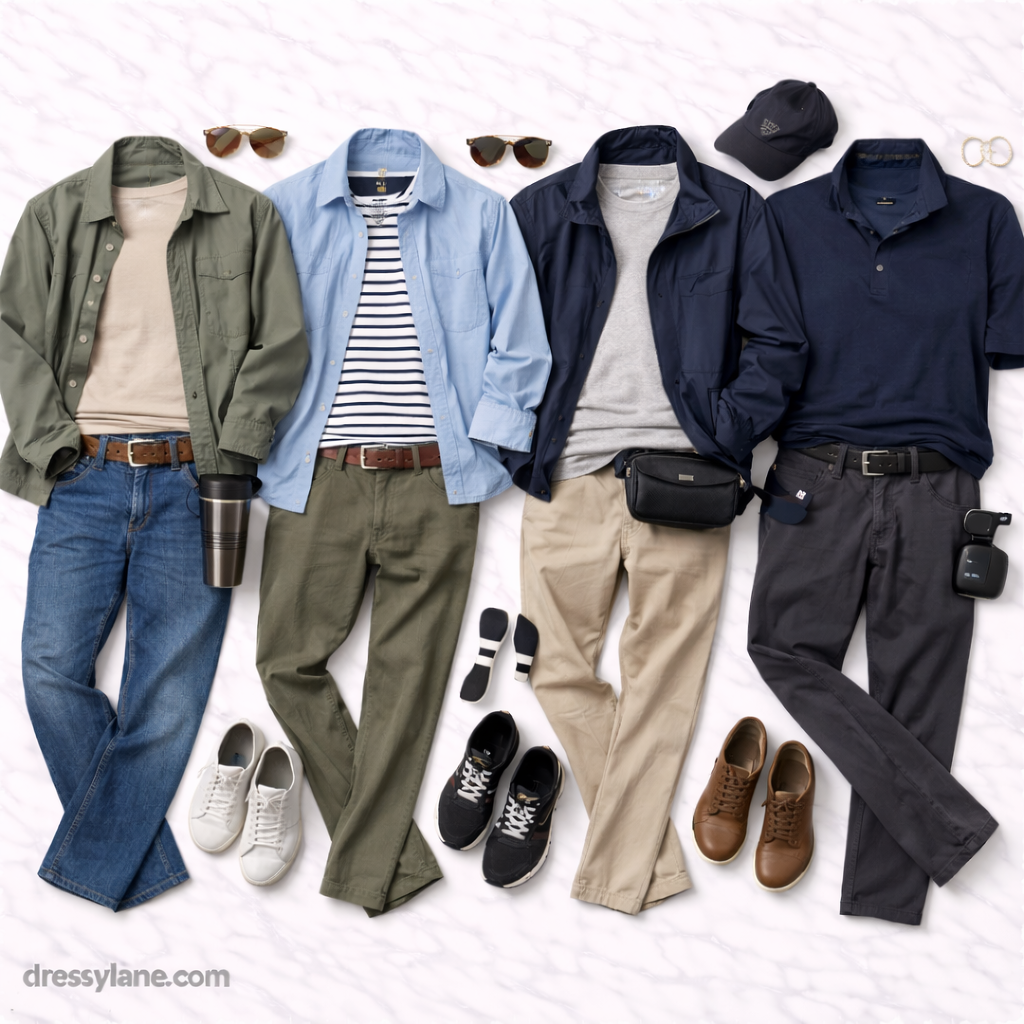 Flat lay of men’s youthful outfits featuring casual layers, modern shirts, trousers, shoes, and simple accessories styled for effortless everyday wear.